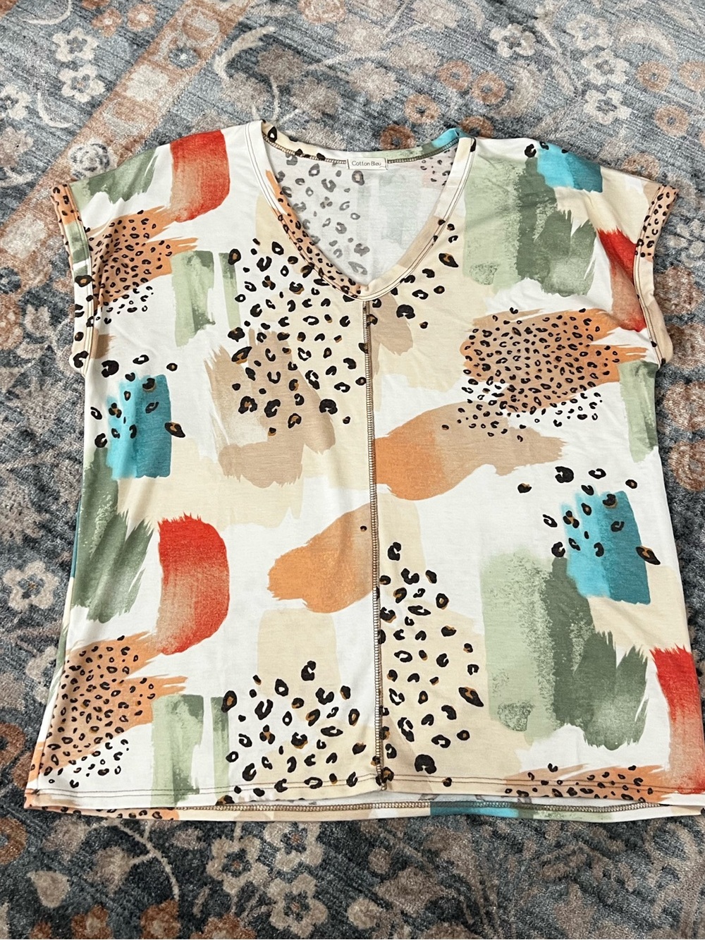 Casual V-Neck Short Sleeve Top by Canvas & Sasson - Multi-Color Brushstroke